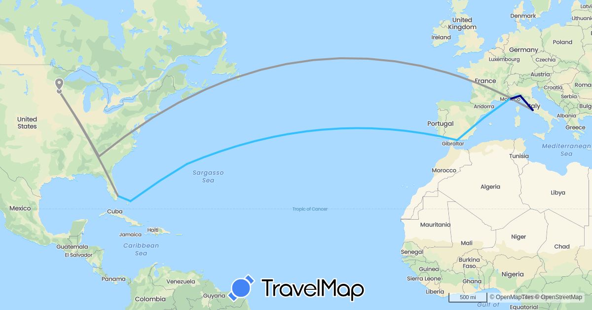 TravelMap itinerary: driving, plane, boat in Bermuda, Bahamas, Spain, France, Italy, United States (Europe, North America)